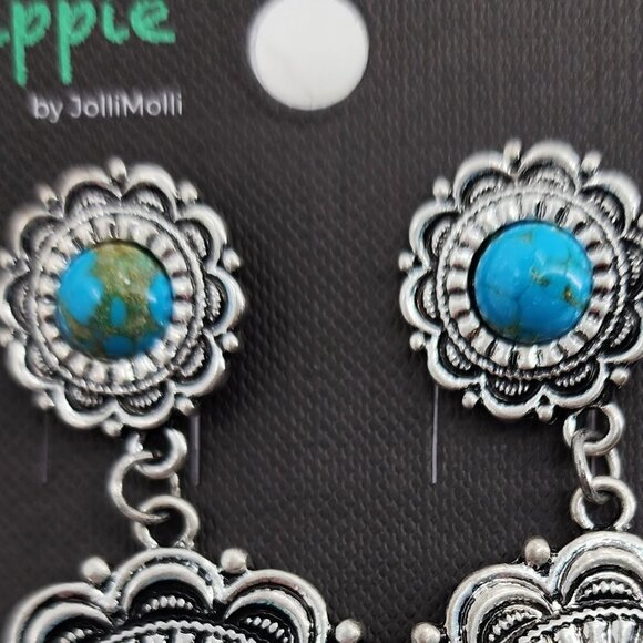 HIPPIE Turquoise & Silver Concho Medallion Western Earrings NWT - Picture 5 of 5